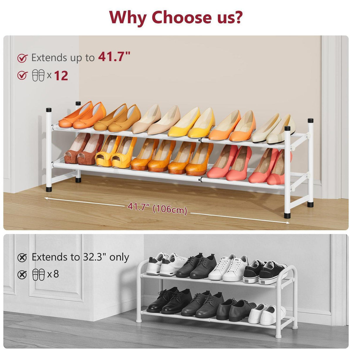 Ausziebares Schuhregal Metall, 2 Ebenen, Weiß