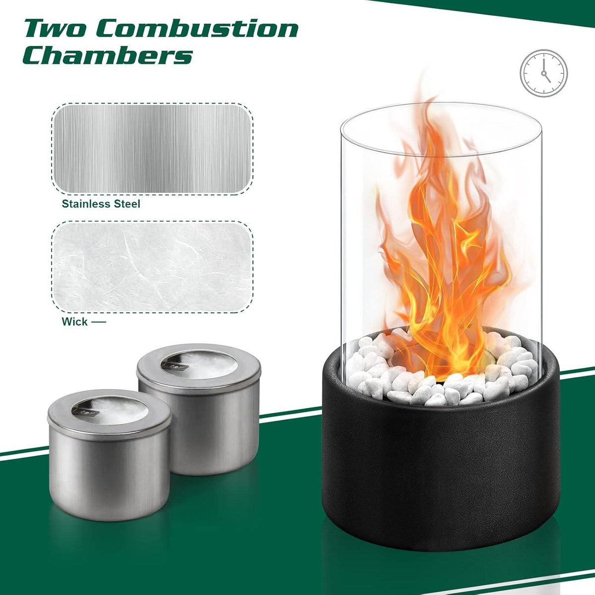 Bioethanol Tischfeuer mit Glaswänden und Stahlbasis