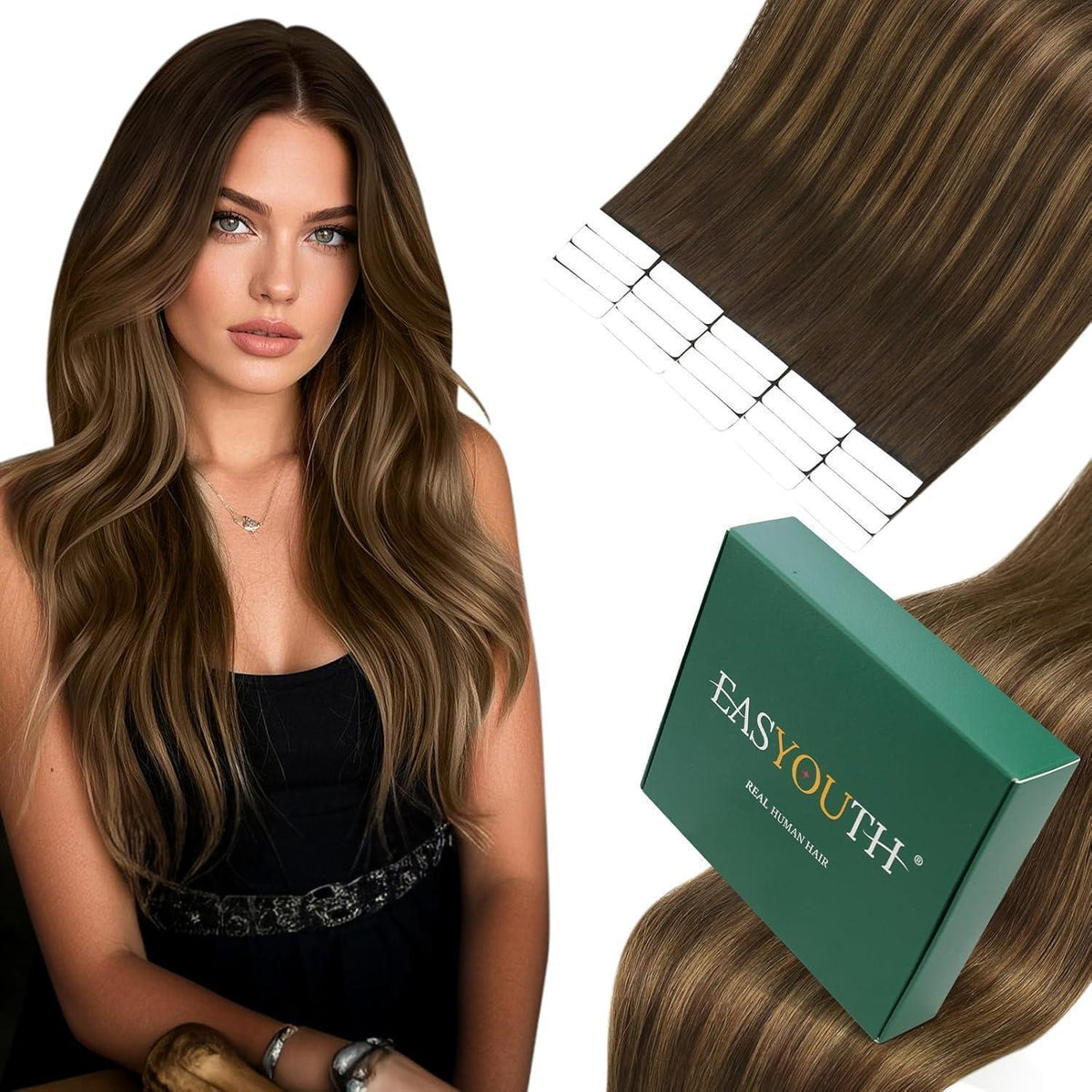 Echthaar Tape Extensions Braun Balayage Ombre 60cm