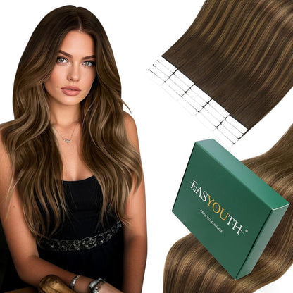 Echthaar Tape Extensions Braun Balayage Ombre 60cm