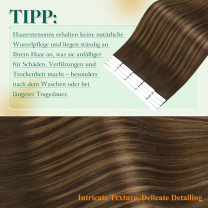 Echthaar Tape Extensions Braun Balayage Ombre 60cm