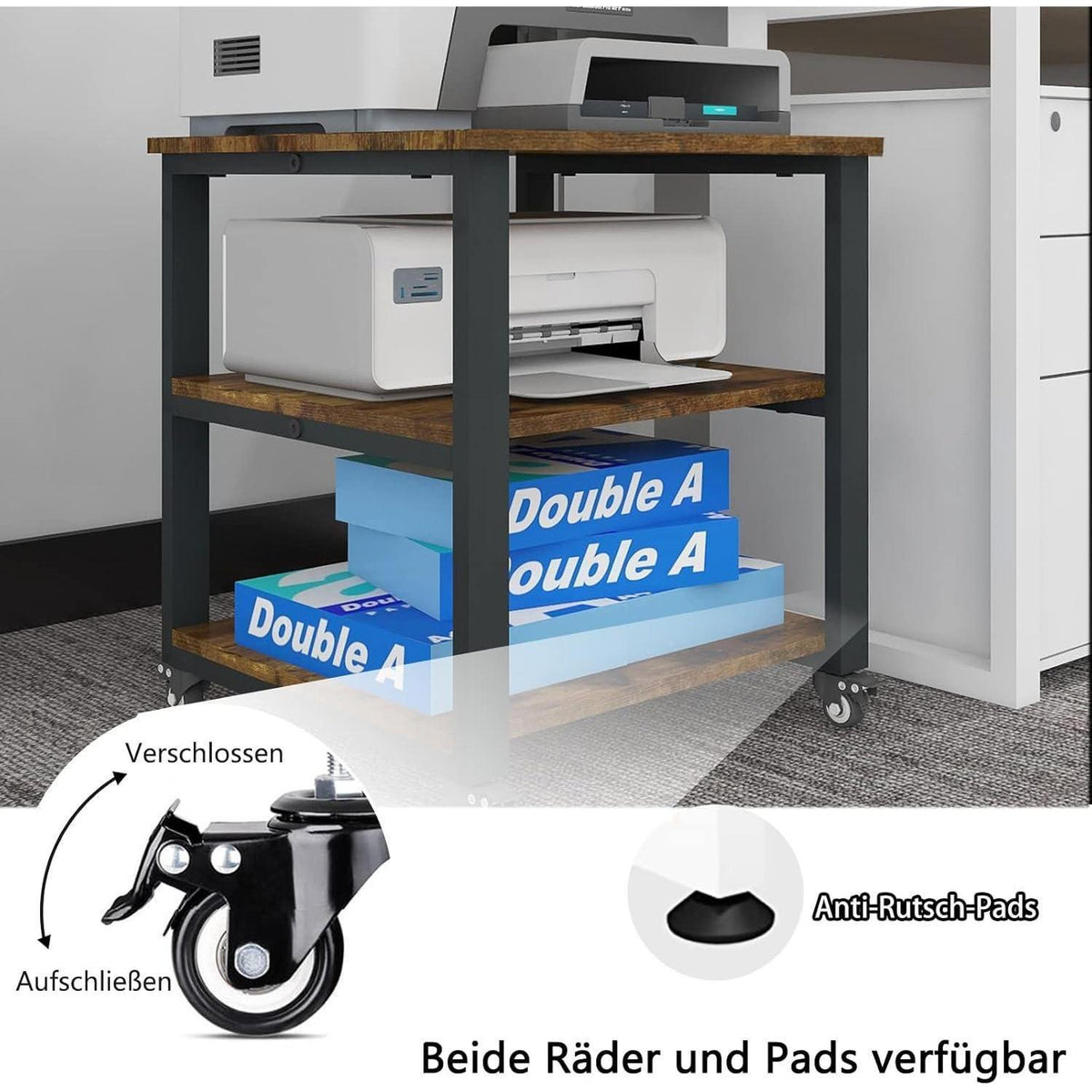 Mobiler 3-Ebenen Druckerständer mit Rollen, Holz & Metall, Retro