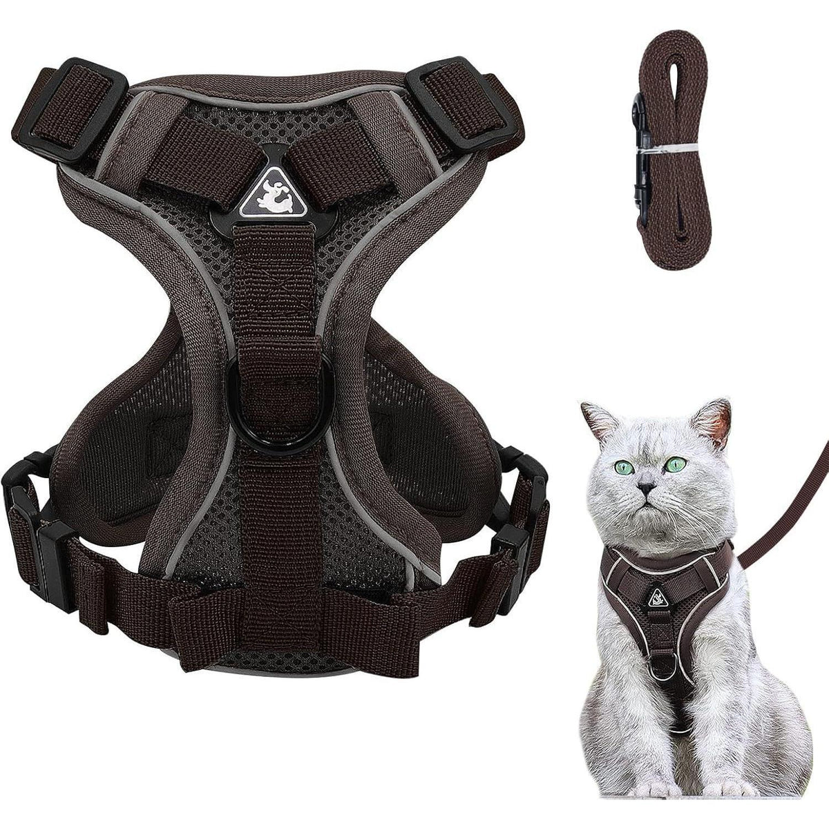 Ausbruchsicheres Katzengeschirr mit Leine, verstellbar, atmungsaktiv, Braun S