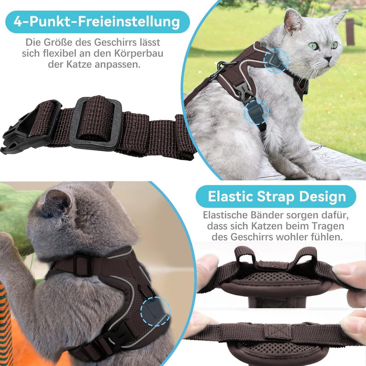 Ausbruchsicheres Katzengeschirr mit Leine, verstellbar, atmungsaktiv, Braun S
