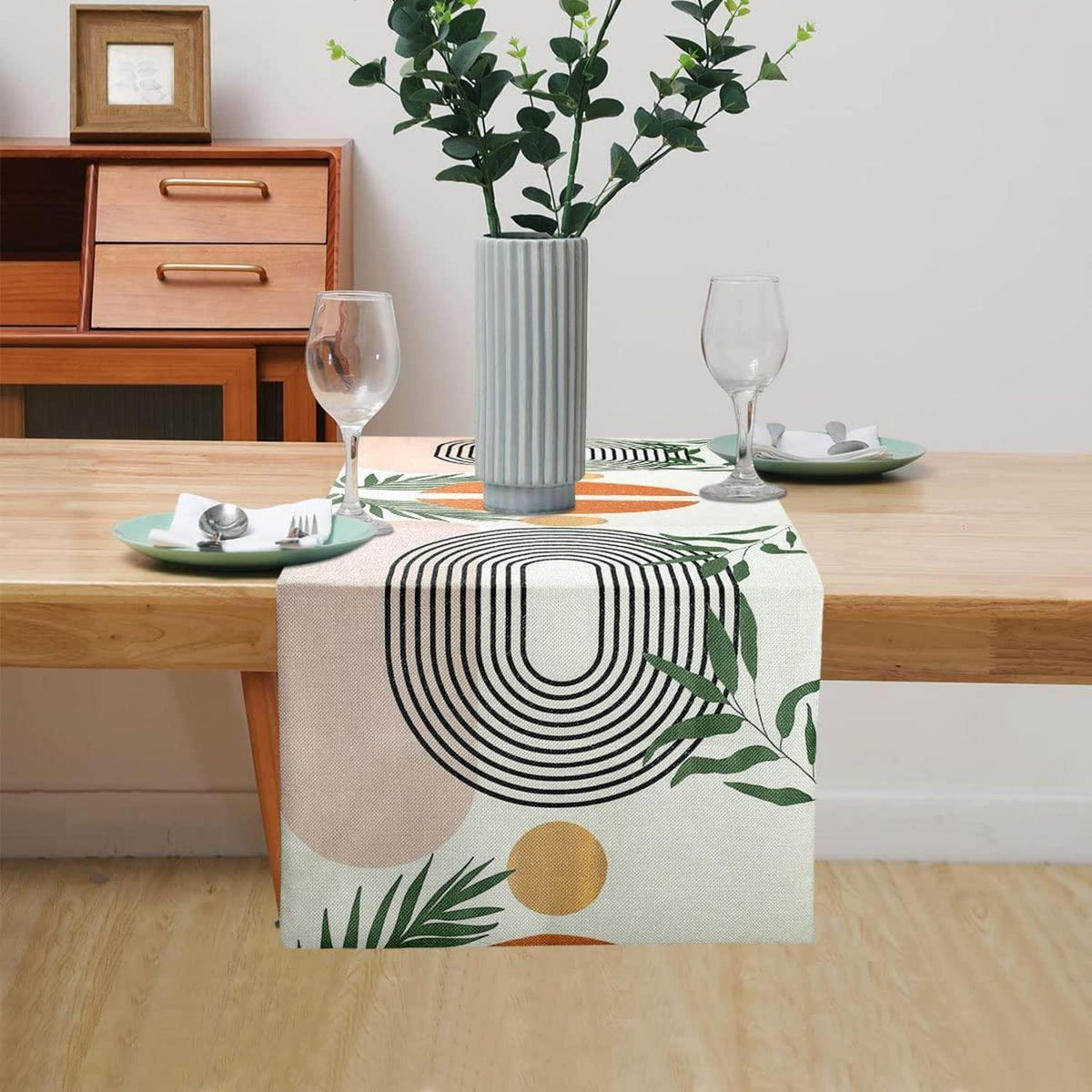 Beiger abstrakter Leinen Tischläufer 40x140 cm – Boho Deko