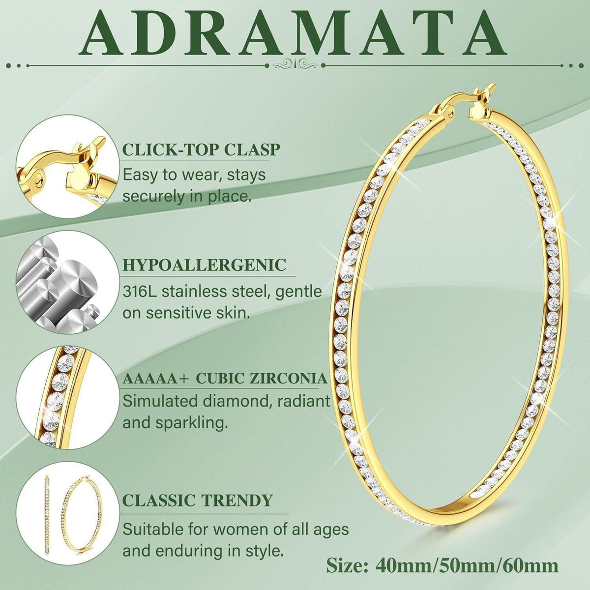 Creolen Edelstahl Damen 40mm/50mm/60mm mit Zirkonia, Silber/Gold/Roségold