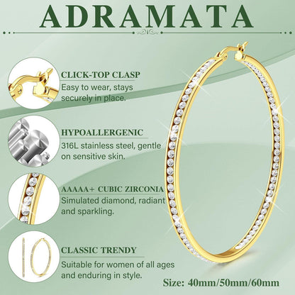 Creolen Edelstahl Damen 40mm/50mm/60mm mit Zirkonia, Silber/Gold/Roségold
