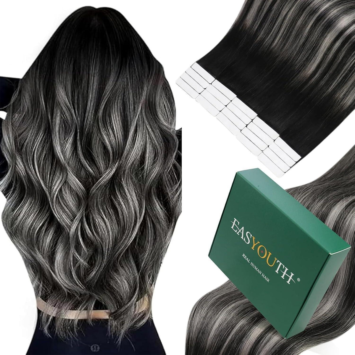 Echthaar Tape Extensions Schwarz Silber Ombre 45cm