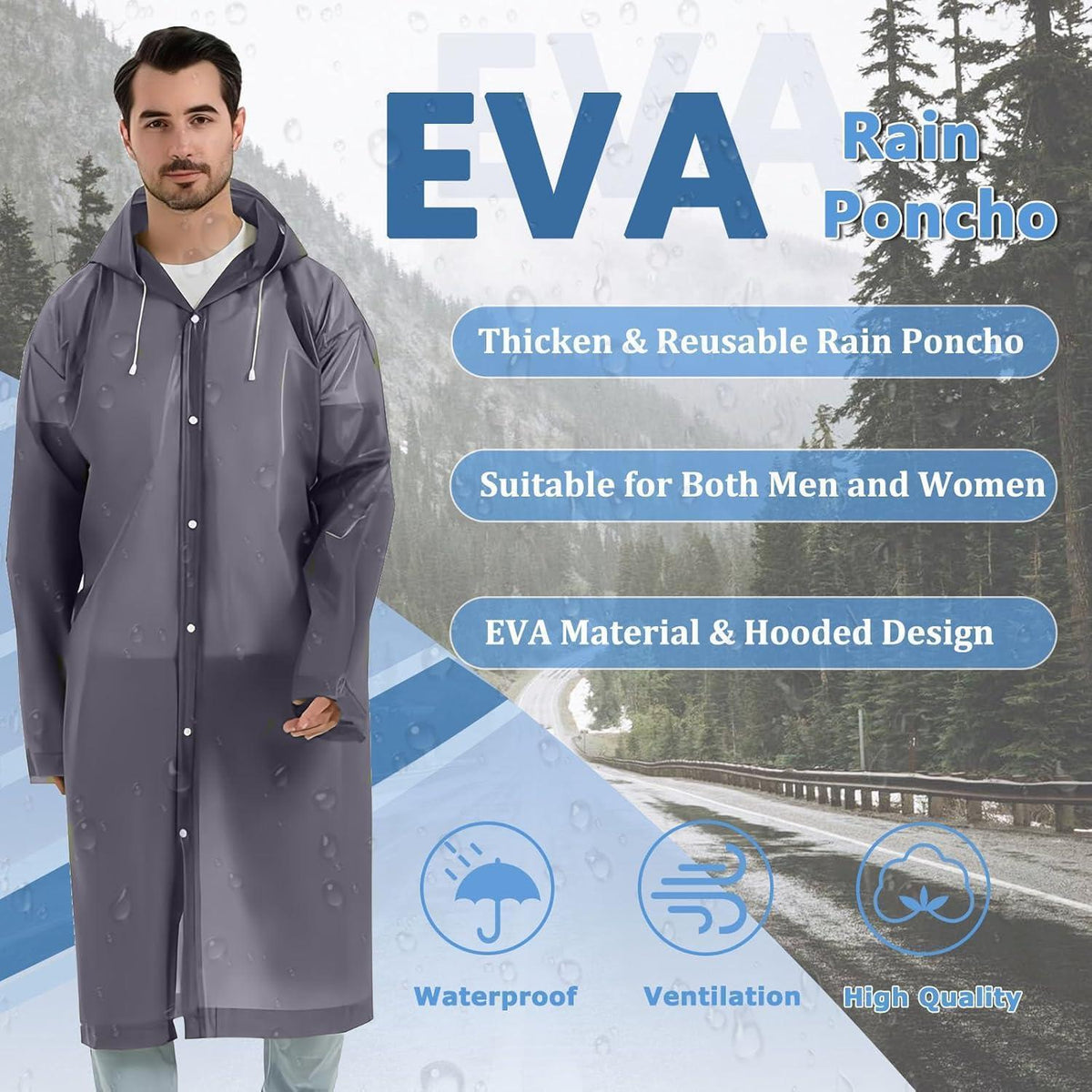 Wiederverwendbarer Regenponcho 2er-Set Wasserdicht für Damen Herren Grau