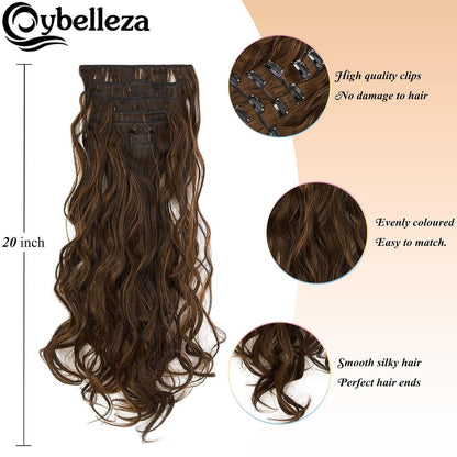 Welliges Haarverlängerung Clip-In, 50cm, Mittelbraun & Auburn