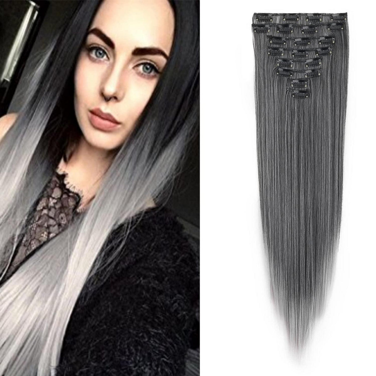 Clip-In Haarverlängerung glatt, 60cm Schwarz Ombre Grau
