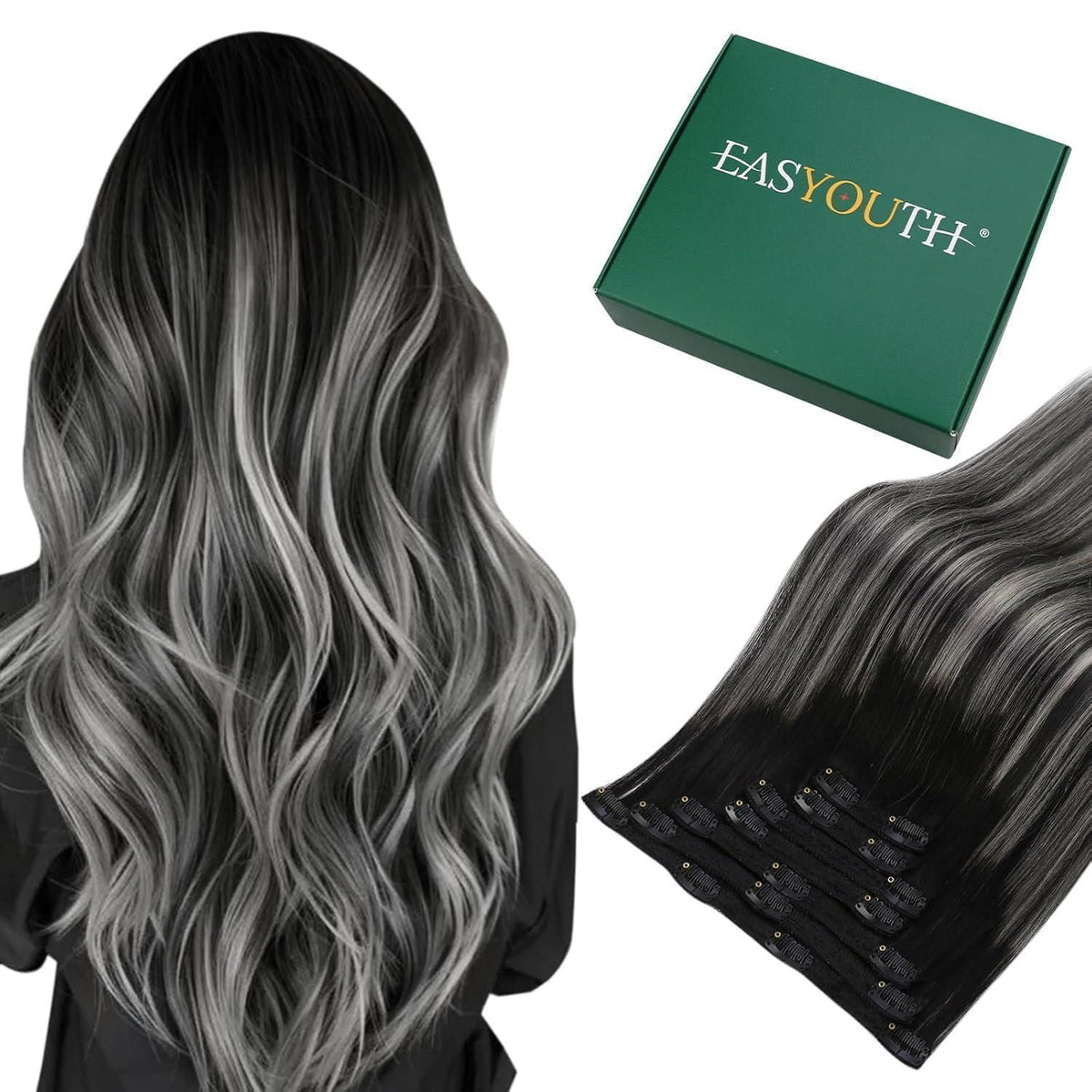 Balayage Clip-in Extensions Schwarz Silber Echthaar 55cm