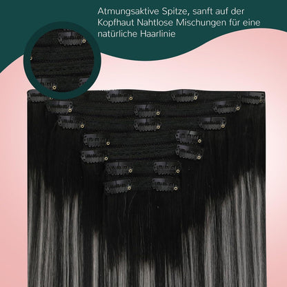 Balayage Clip-in Extensions Schwarz Silber Echthaar 55cm