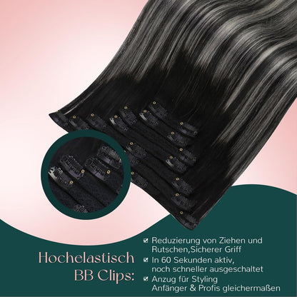 Balayage Clip-in Extensions Schwarz Silber Echthaar 55cm