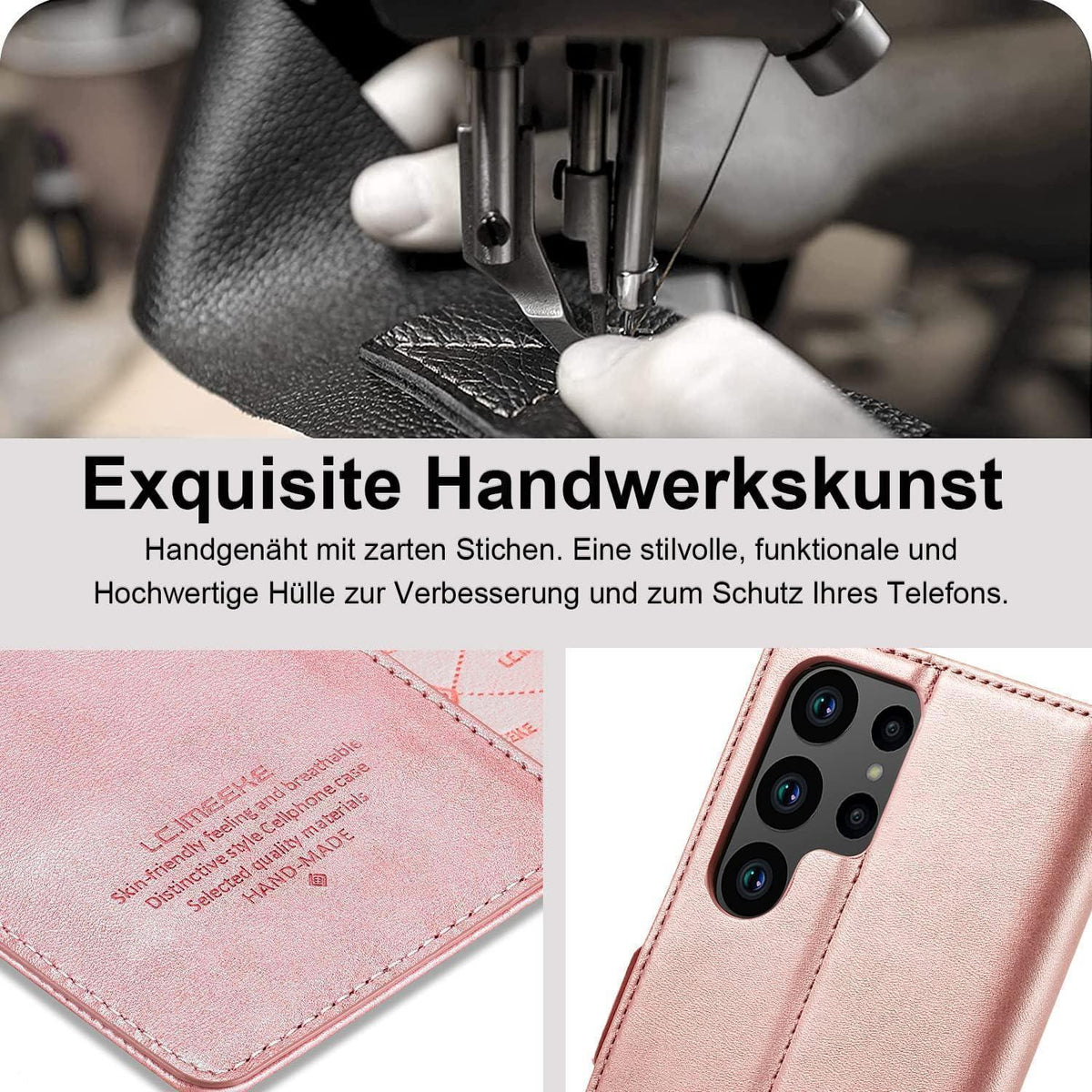 Samsung S23 Ultra Klapphülle mit Schutzfolie & Kartenfächern Pink in Lederoptik
