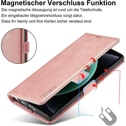 Samsung S23 Ultra Klapphülle mit Schutzfolie & Kartenfächern Pink in Lederoptik