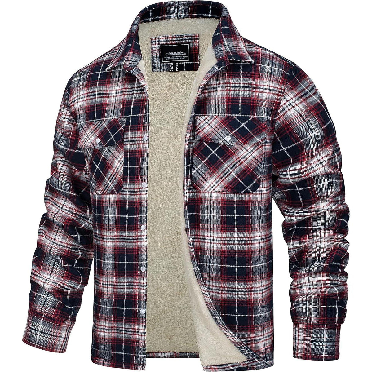TACVASEN Herren Fleece Flanellhemd Rot Weiß Winter Thermohemd