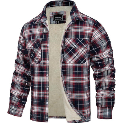 TACVASEN Herren Fleece Flanellhemd Rot Weiß Winter Thermohemd