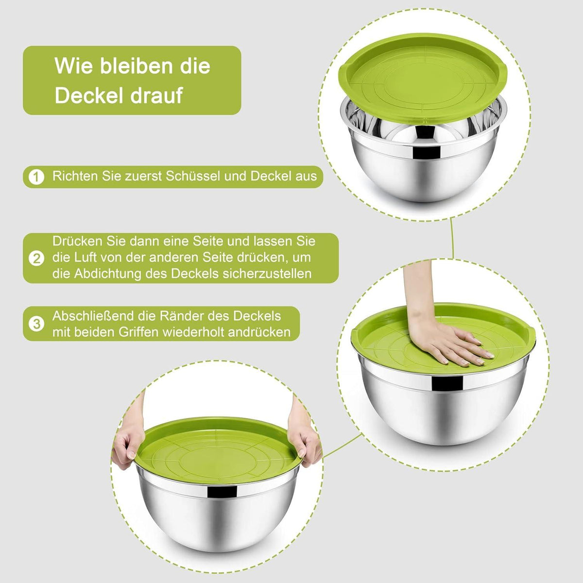 Edelstahl Rührschüssel Set 5-teilig mit luftdichtem Deckel 4.6/2.8/1.6/1.2/0.7L