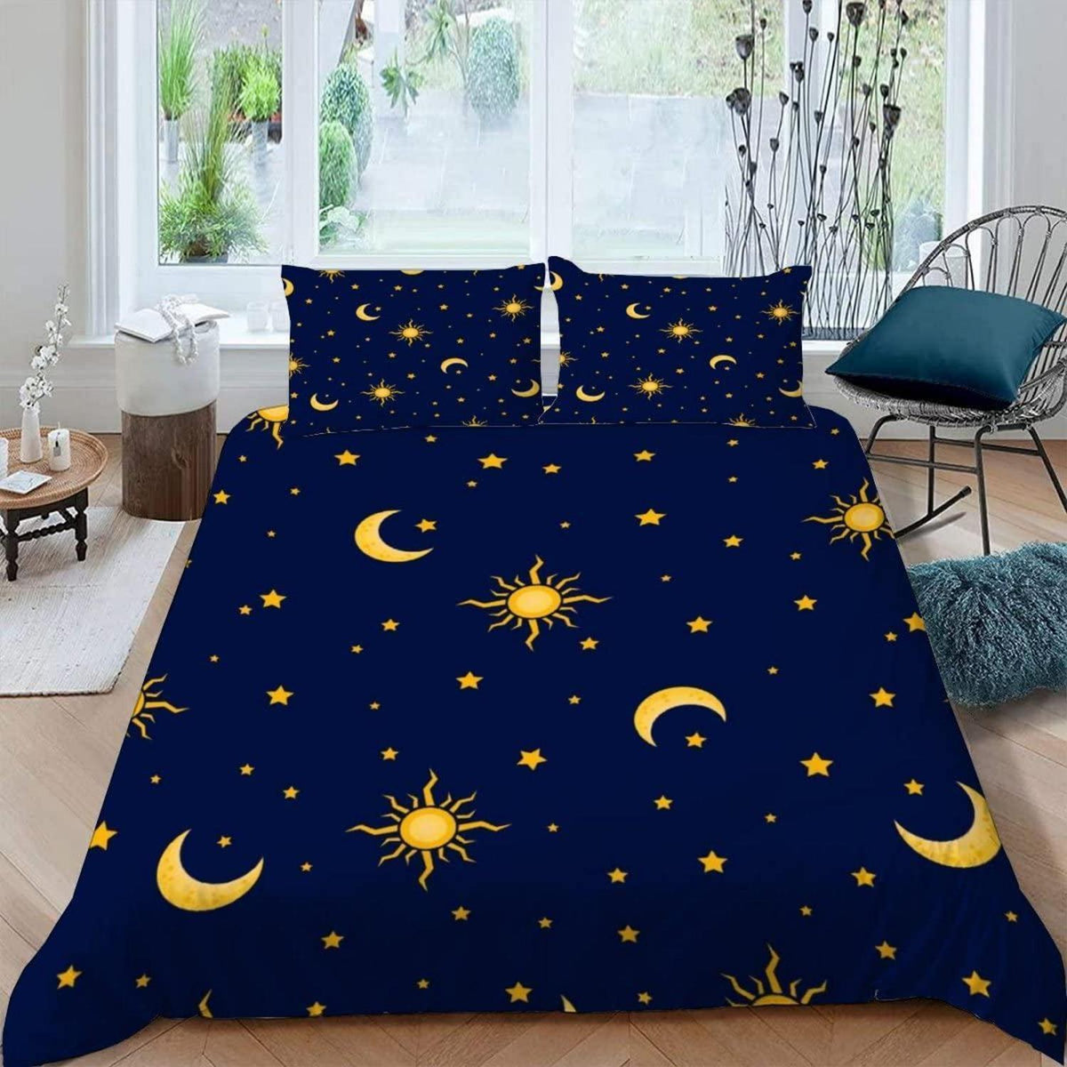 Kinder Bettwäsche 135x200 Sterne Mond Sonne Mikrofaser 3-teilig