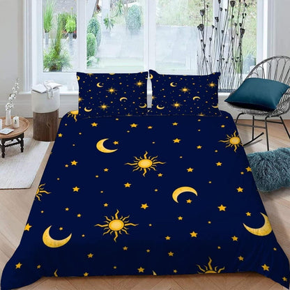 3D Sonnen Mond Sterne Bettwäsche-Set 200x200 cm Blau-Gold