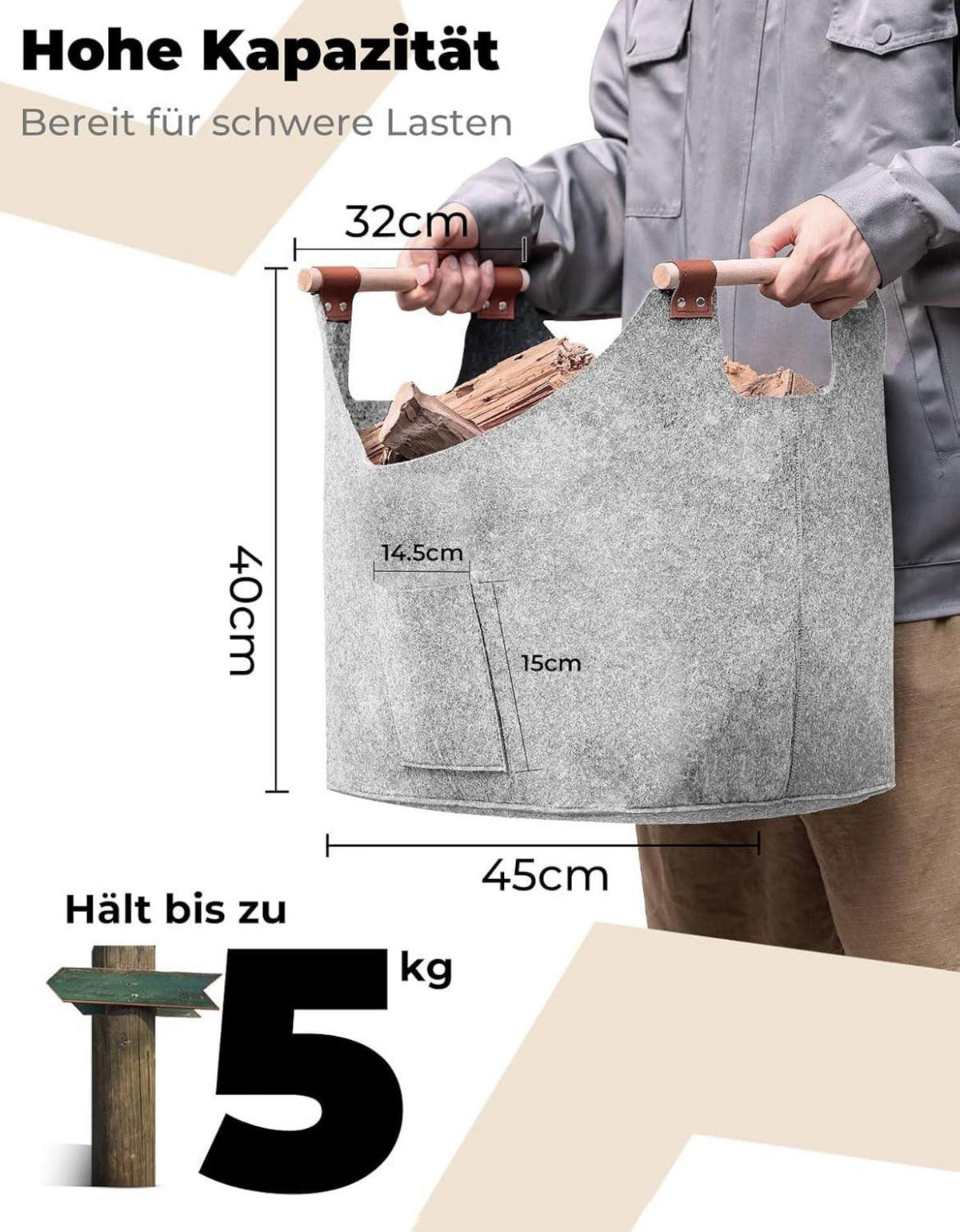 Kaminholzkorb Filz Aufbewahrung XXL 2 Stück 45x32x40 cm Hellgrau