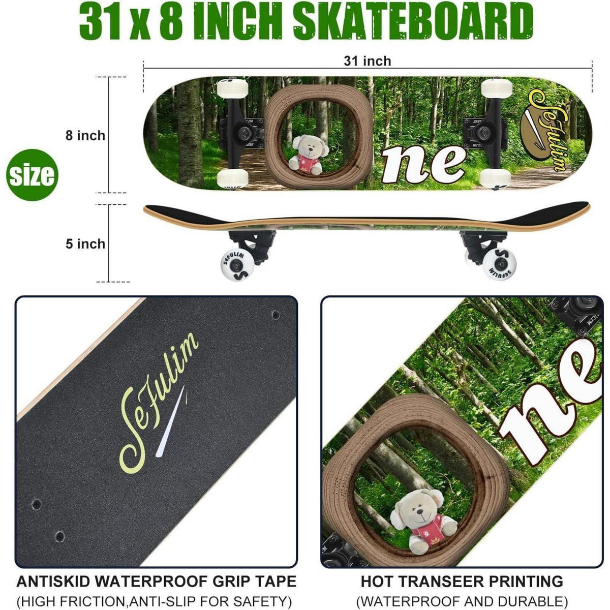 Skateboard 78,9 cm Doppel-Kick Deck Anfänger Grün