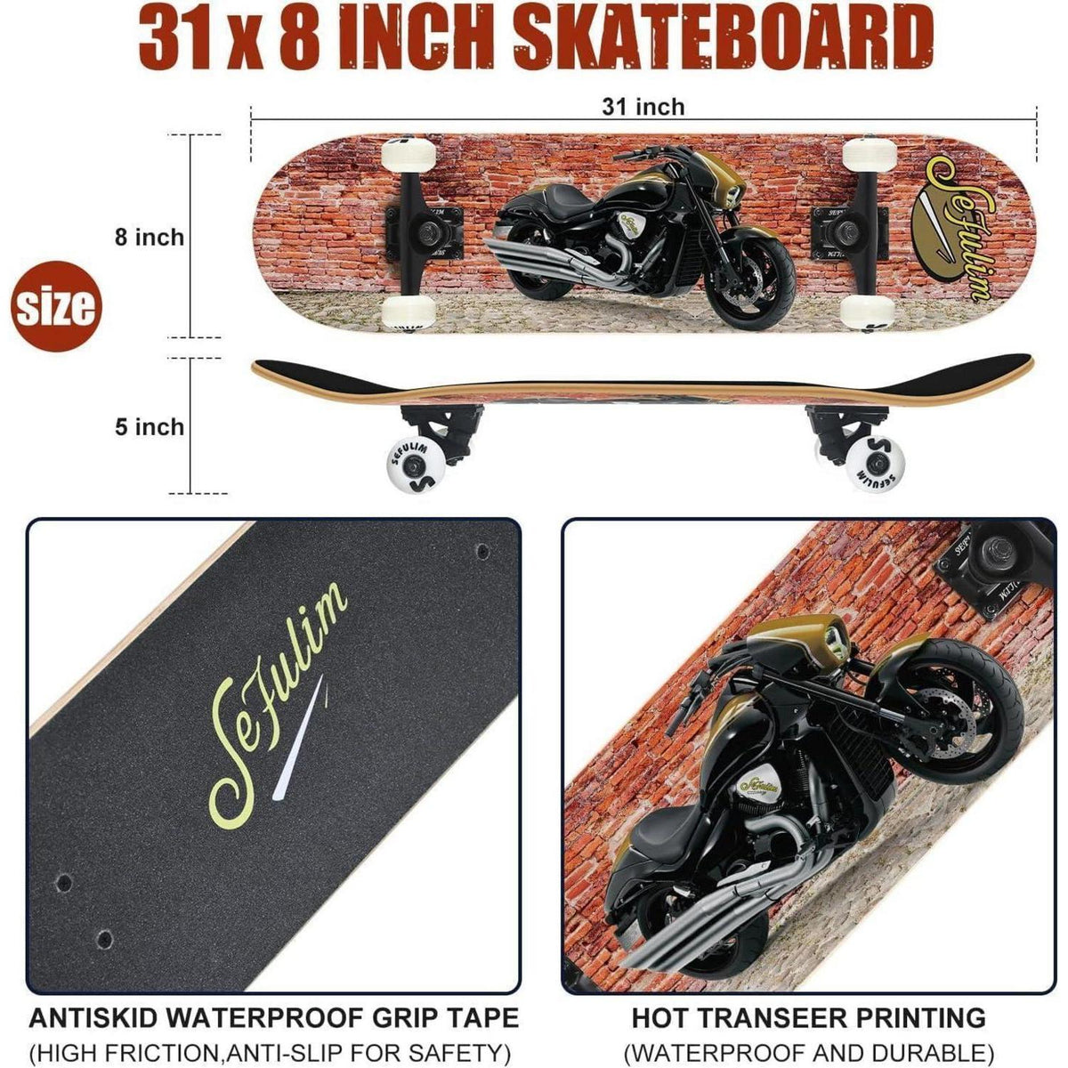 Skateboard 78,9 cm Doppel-Kick Deck für Anfänger und Fortgeschrittene