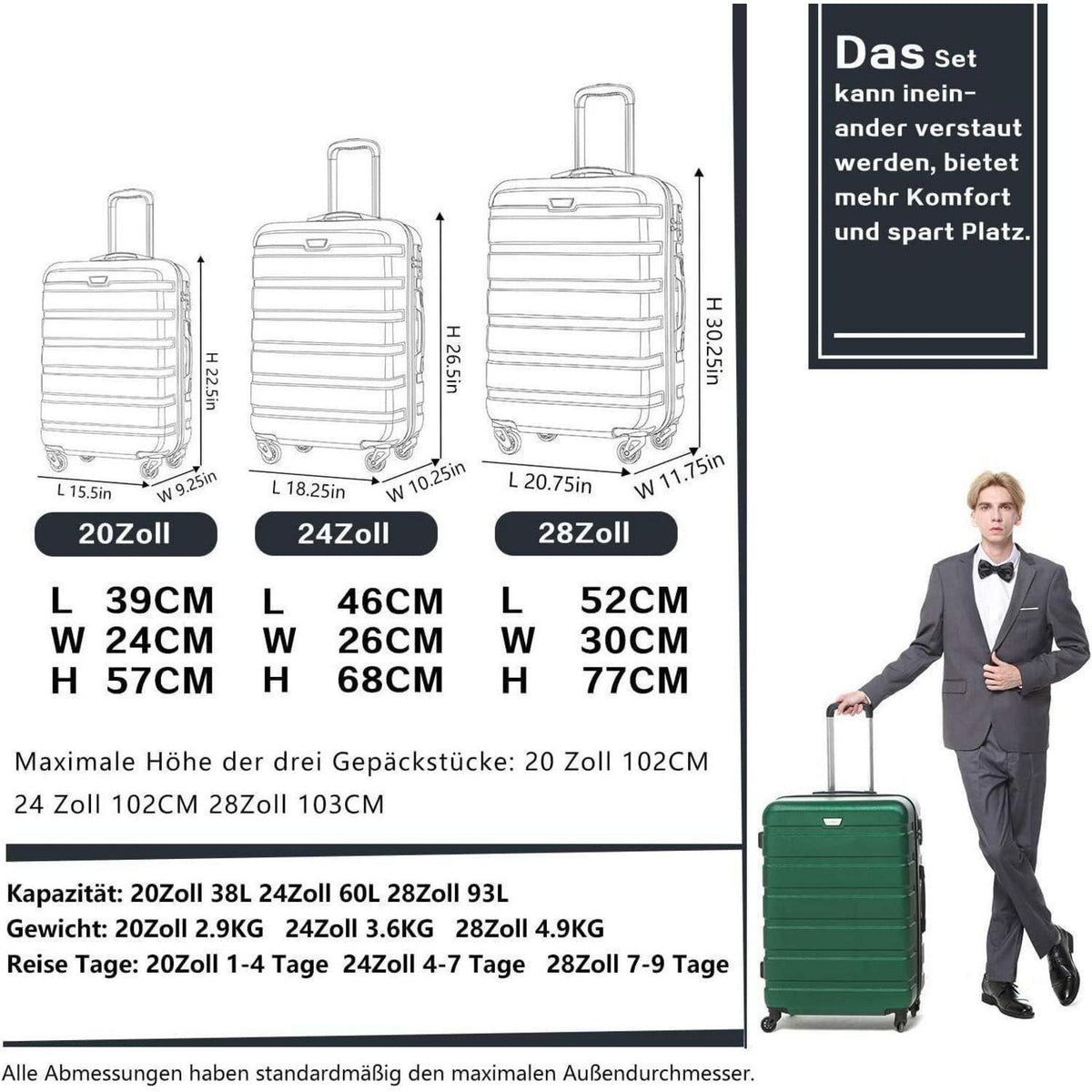 COOLIFE Mittelgroßer Reisekoffer Trolley Blau/Braun 60L