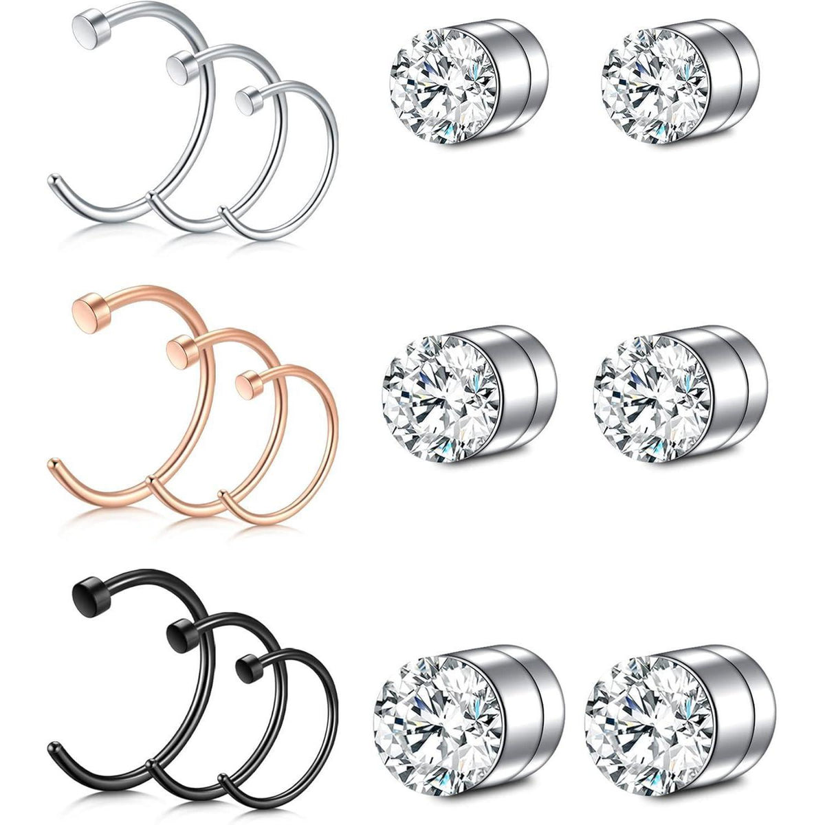 Fake Nasenring Set 15 Stück Edelstahl mit CZ Spitze