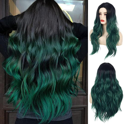 Lockige Ombre Schwarz Grün Synthetische Perücke Natürlich Cosplay