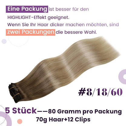 Clip-in Haarverlängerung Ombre Balayage Braun-Blond