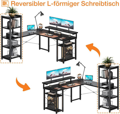 Eckschreibtisch mit Regal und Monitorständer in Schwarz