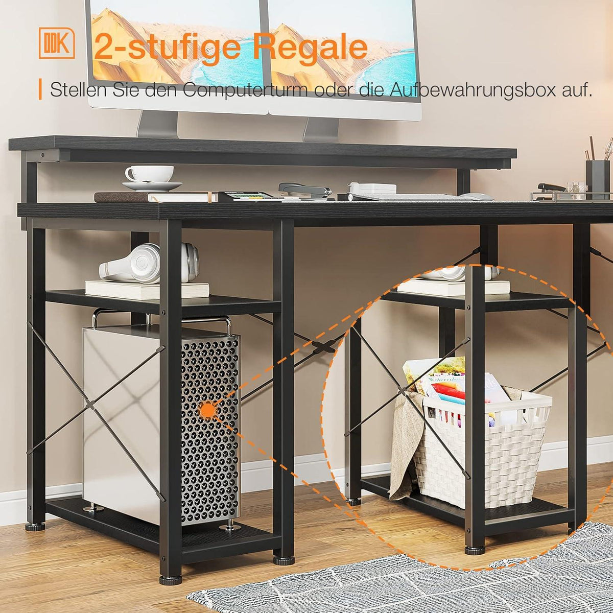 ODK Eckschreibtisch L-Form mit 5-stufigem Regal Schwarz 140x137cm