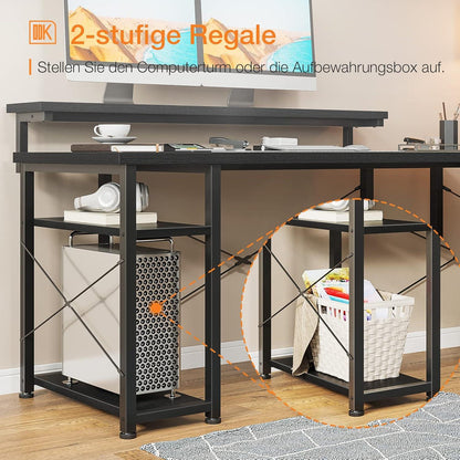 ODK Eckschreibtisch L-Form mit 5-stufigem Regal Schwarz 140x137cm