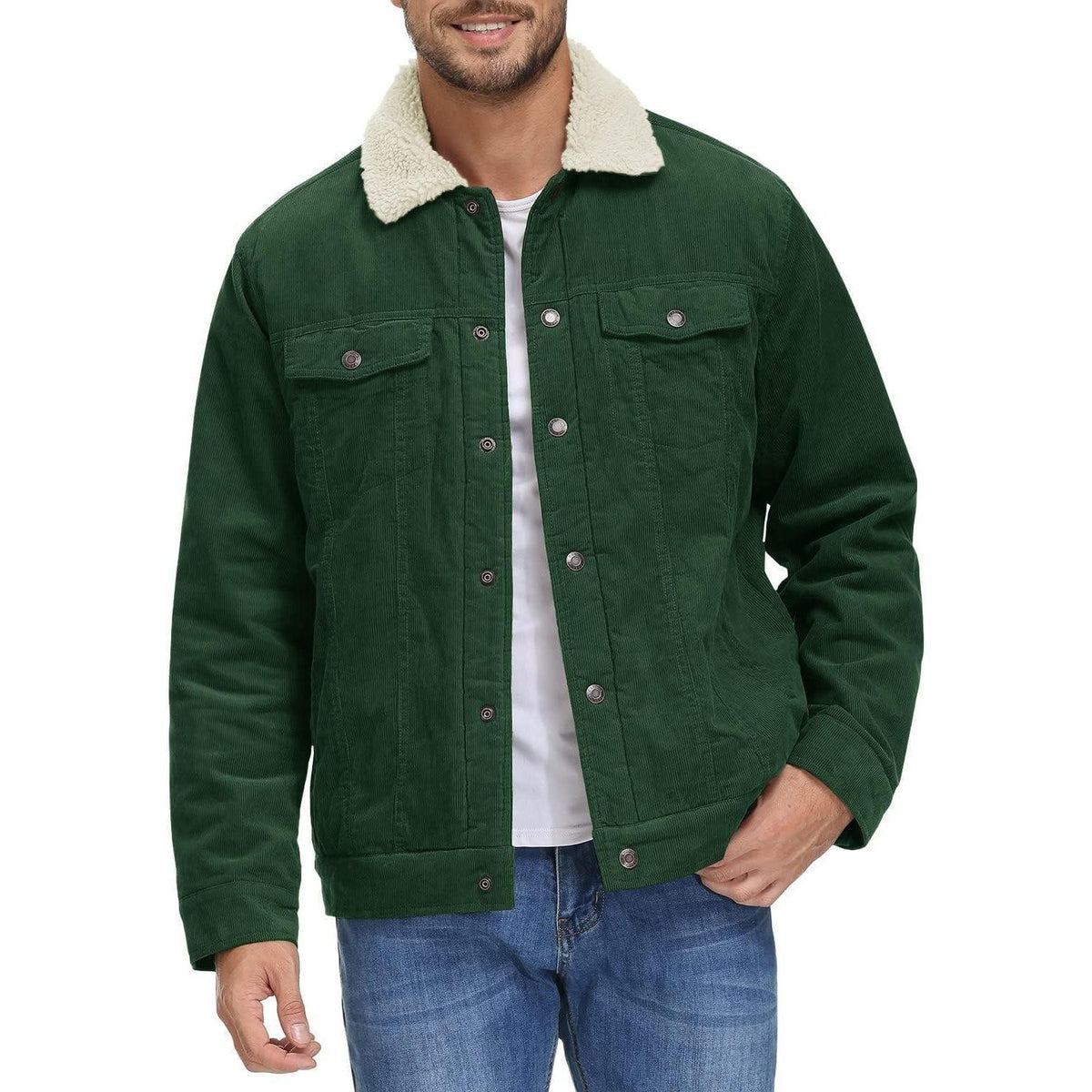 Herren Cordjacke mit Teddyfell-Kragen, warm, Waldgrün