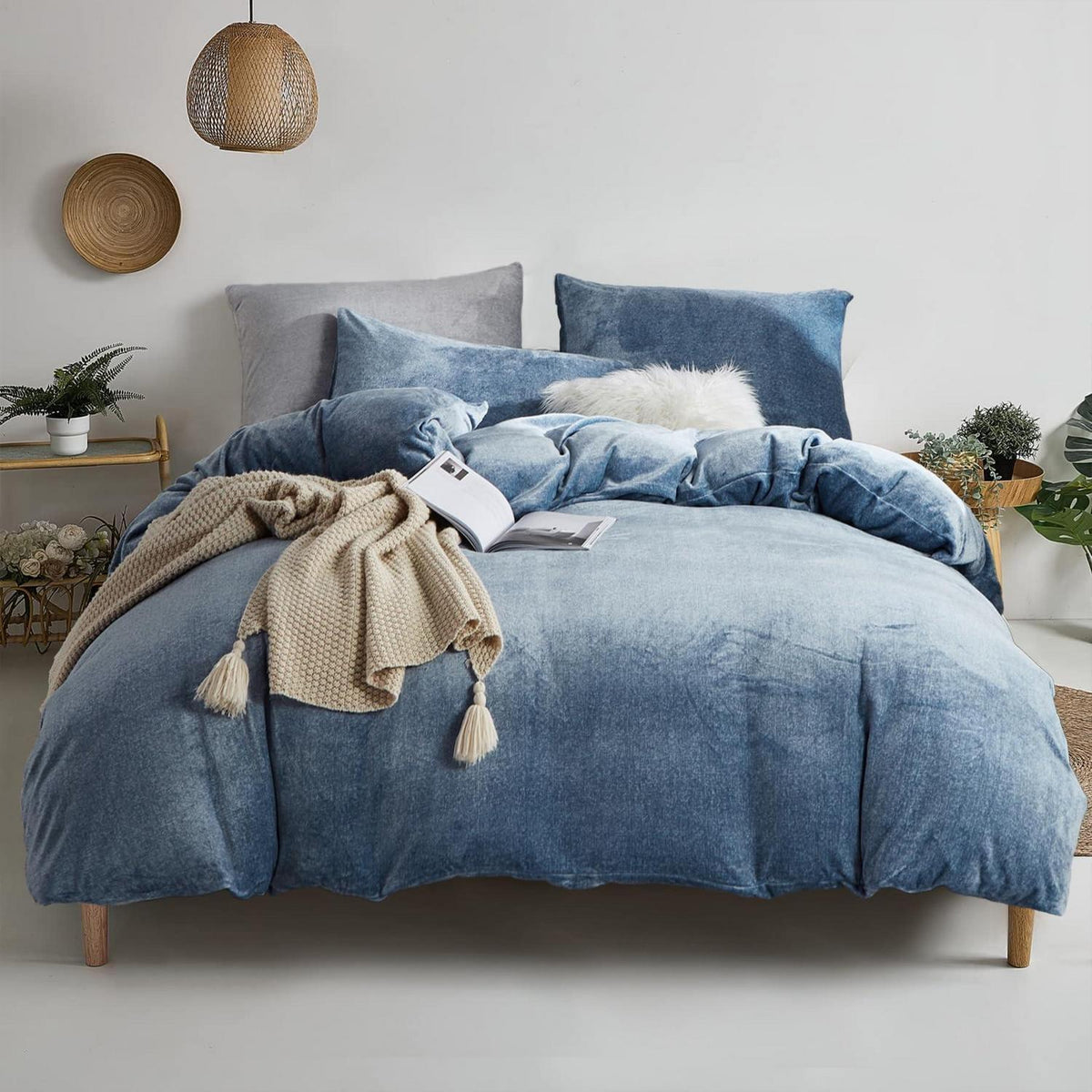 Damier Winter Plüsch Bettwäsche Set Blau 200x220cm