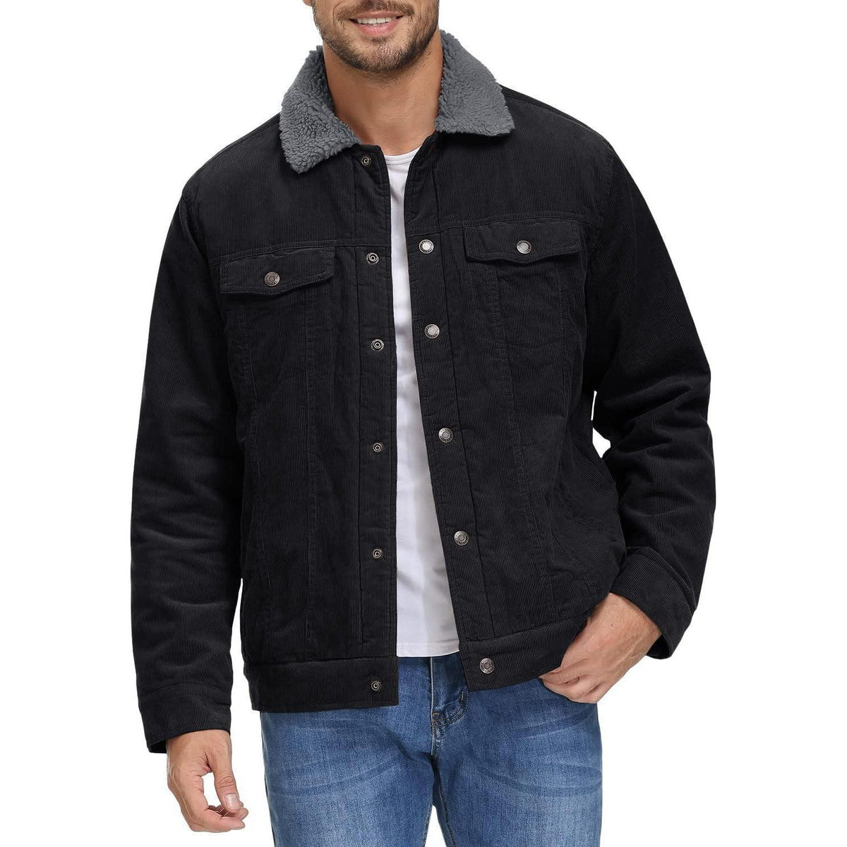 Herren Cordjacke mit Teddyfell-Kragen, Schwarz