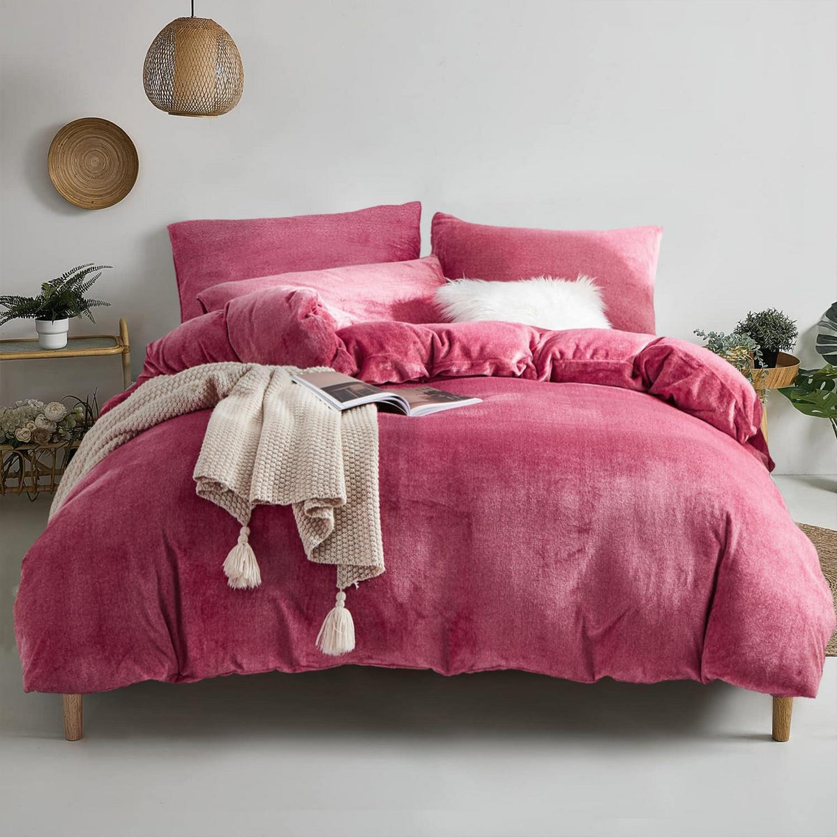 Warme Damier Winter Plüsch Bettwäsche Set Rot 200x200cm
