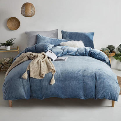 Warme Damier Winter Plüsch Bettwäsche Set Blau 200x200cm