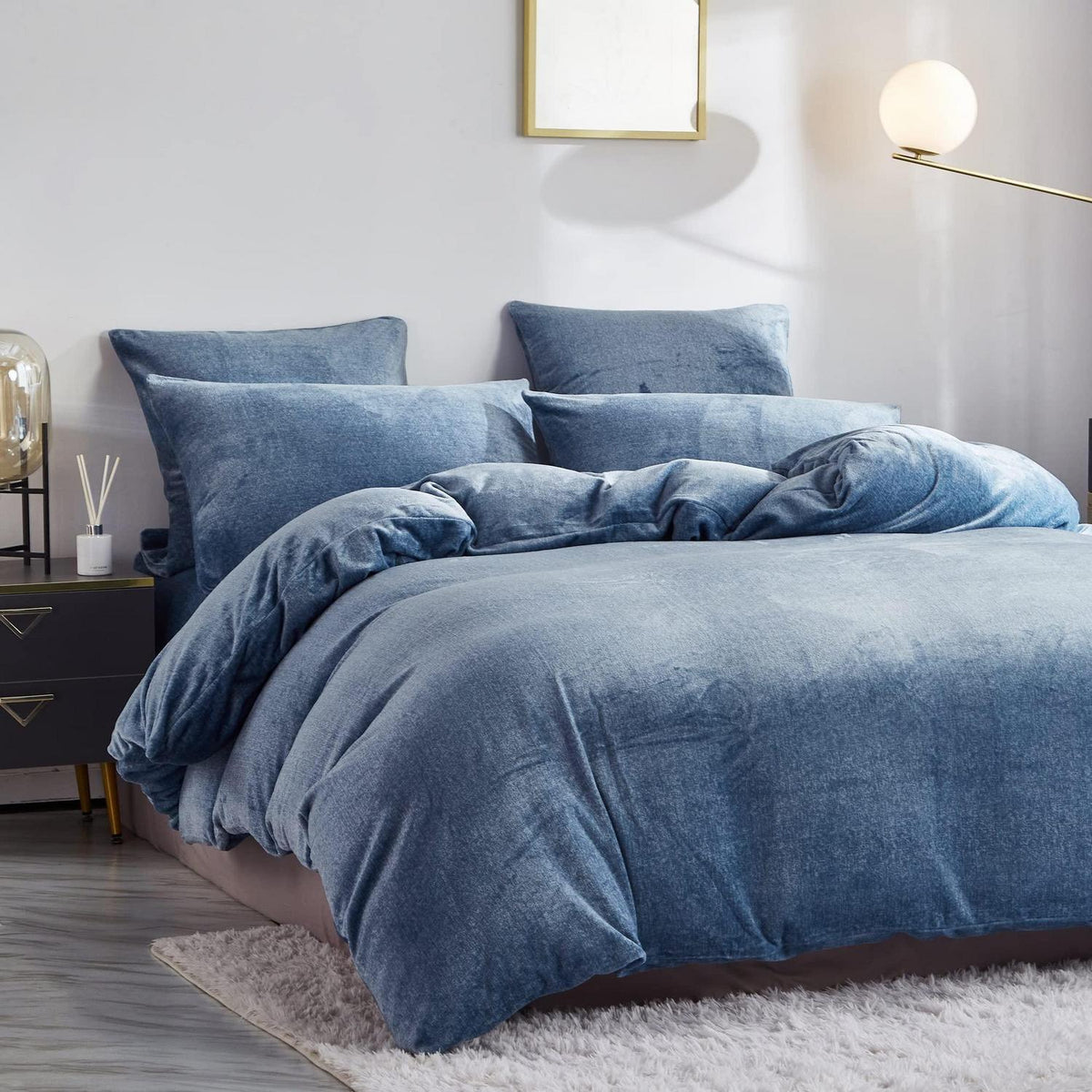 Warme Damier Winter Plüsch Bettwäsche Set Blau 200x200cm