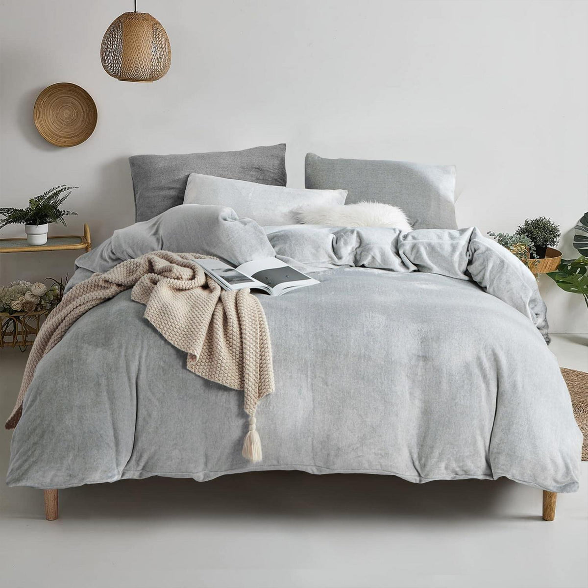 Damier Winter Plüsch Bettwäsche Set Grau 200x200cm