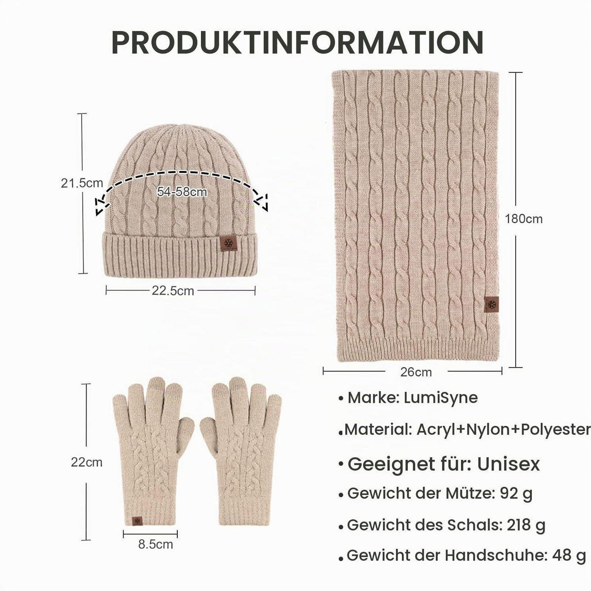 3-teiliges Winterset: Mütze, Schal & Handschuhe