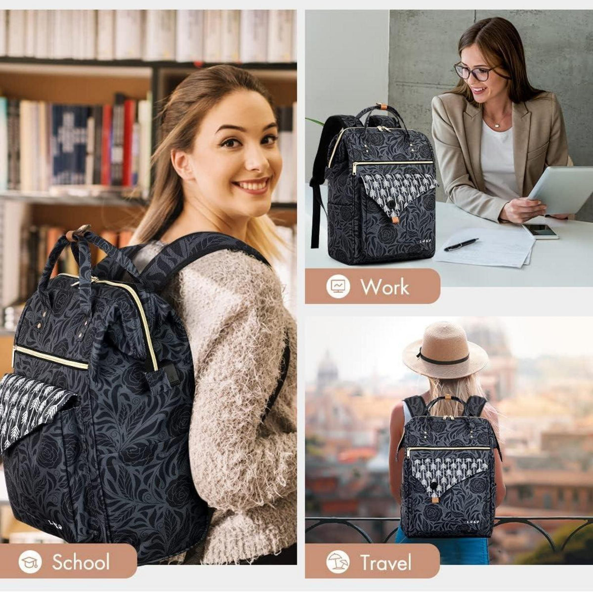 Laptop Rucksack Damen 15,6 Zoll Wasserdicht mit Anti-Diebstahl-Tasche Rose
