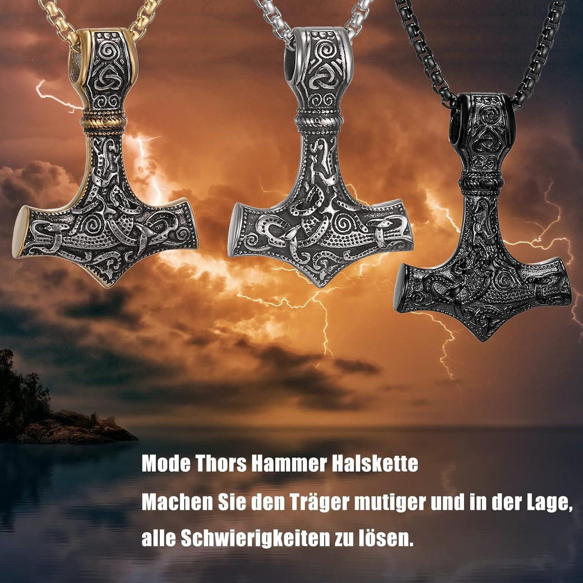 Herren Halskette Thors Hammer Mjolnir Edelstahl Wikinger Runen 50/60/70cm