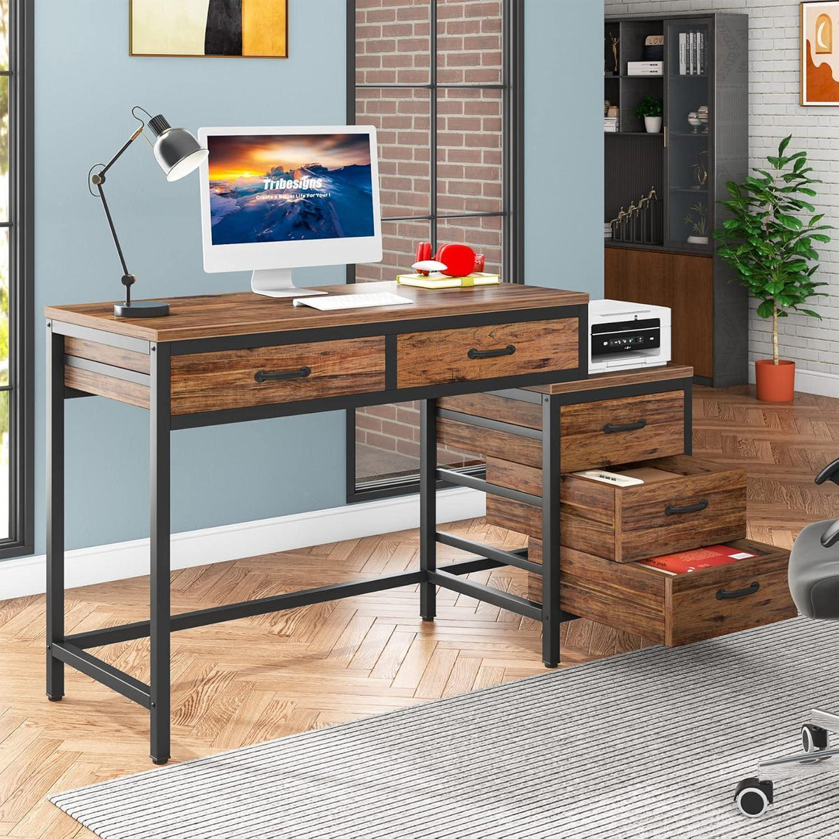 Schreibtisch mit 5 Schubladen & Aktenschrank – Braun