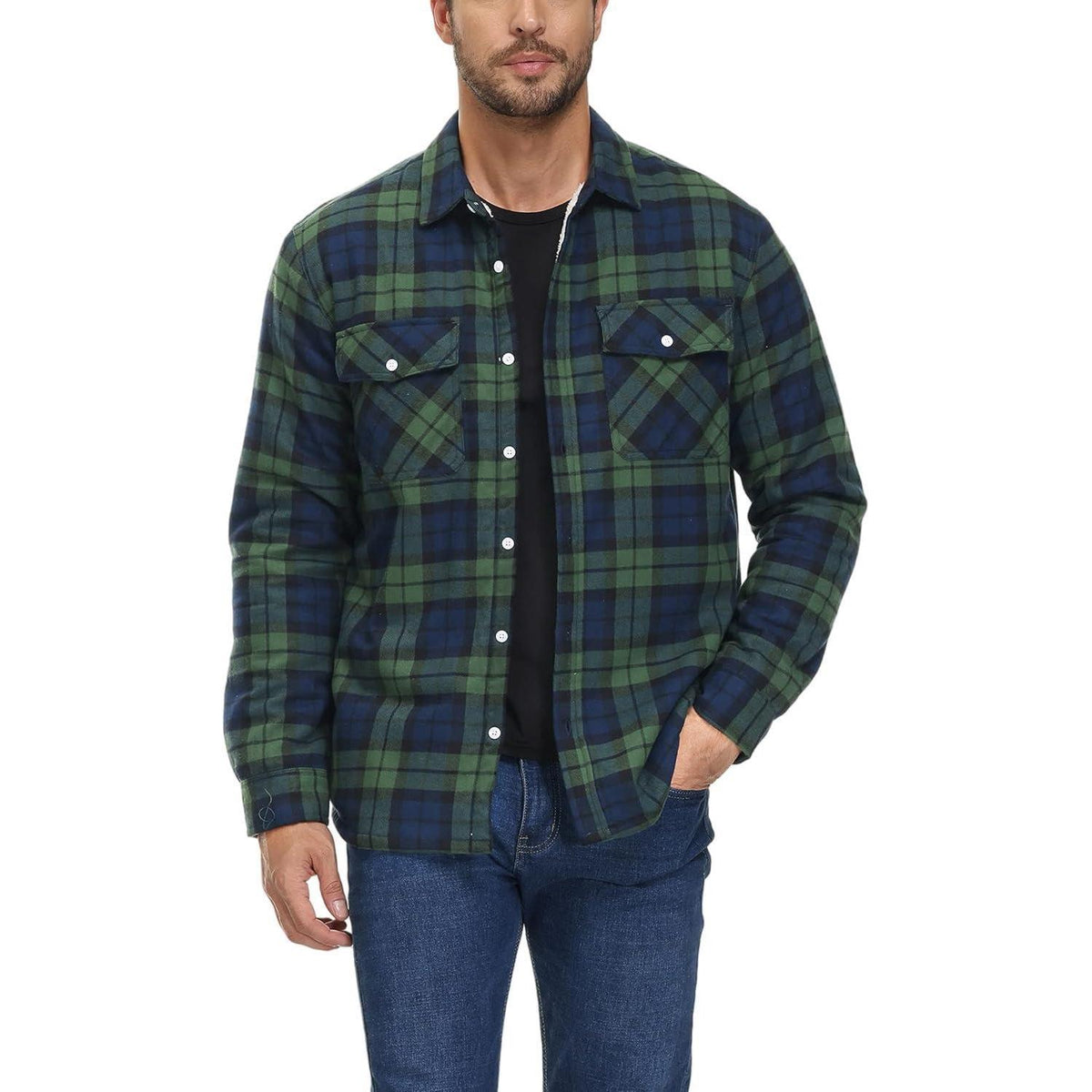 Herren Winterjacke Hemd Kariert Gefüttert Grün