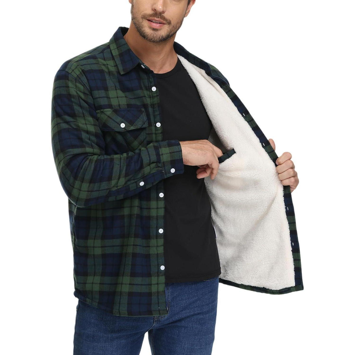 Herren Winterjacke Hemd Kariert Gefüttert Grün