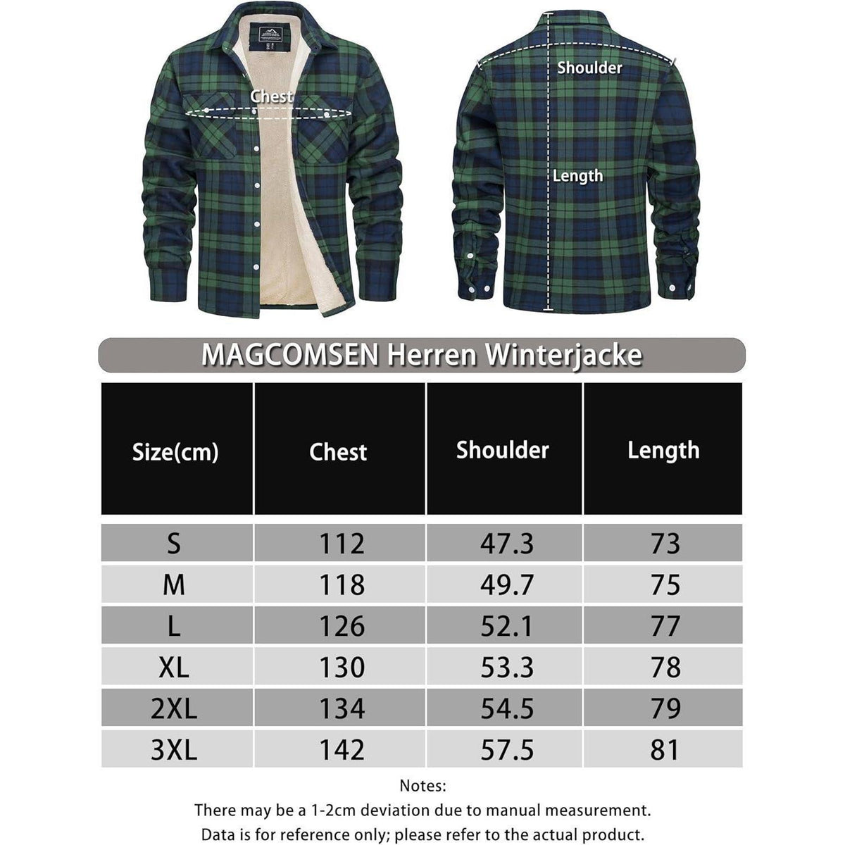 Herren Winterjacke Hemd Kariert Gefüttert Grün XL