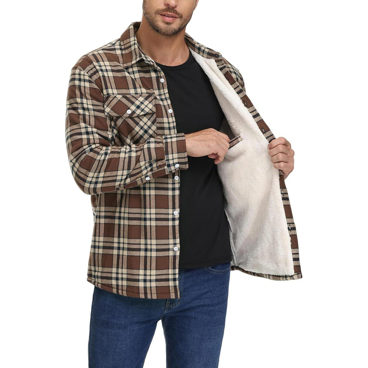 Herren Winterjacke Hemd Kariert Braun – Gefüttert & Warm